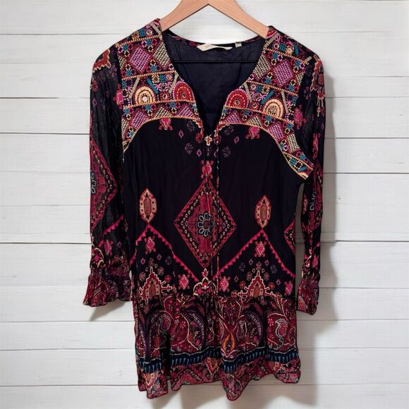 Soft Surroundings Iskra Blue Embroidered Tunic Blouse Boho Top Tassel Size S - Picture 2 of 7